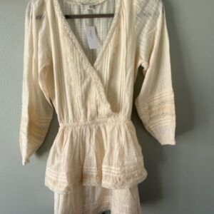 American Eagle Outfitters Cream Gauze Tiered Dress with Crochet Trim